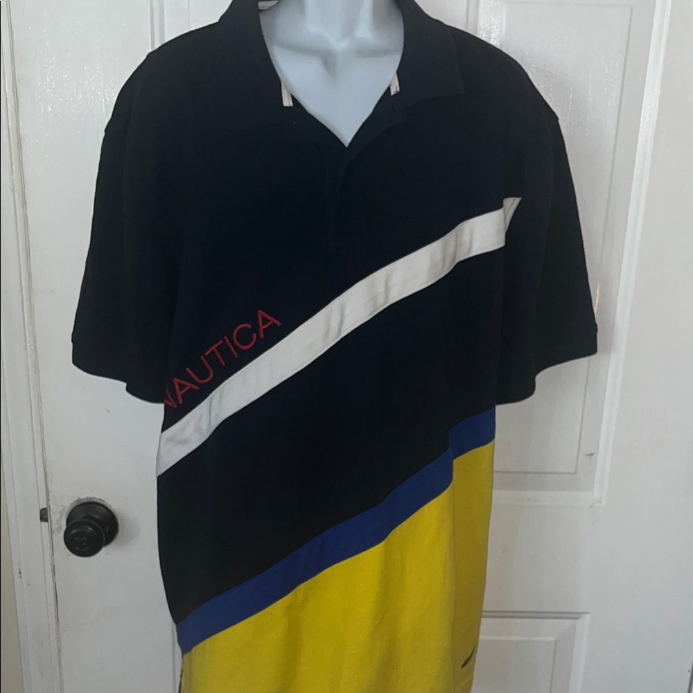 Navy Colorblock Tee with White, Royal Blue, and Yellow Accent